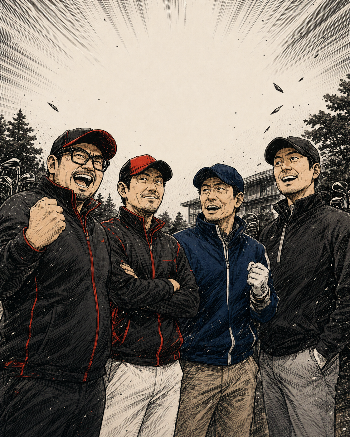 月に一度の楽しみ。を描いた4人の劇画イラスト